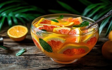 Tropical punch in a glass bowl with fruit slices floating and a ladle resting on the side. Set on a rustic table with tropical leaves in the background