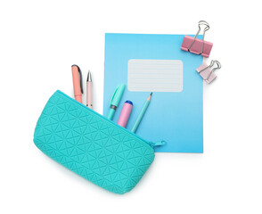 Copybook and other school stationery on white background, top view