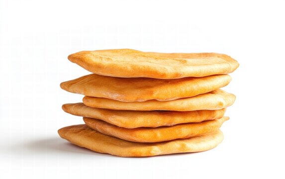 Traditional pita bread stacked in a clean pile on white background