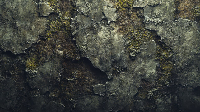 High resolution texture of weathered stone surface with moss and lichen. rough, cracked appearance showcases natural aging and organic growth, perfect for backgrounds or design elements - Powered by Adobe