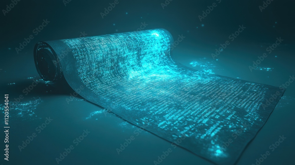Poster glowing cyan scroll reveals ancient digital code