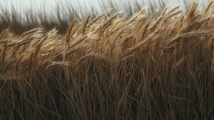Fototapeta premium Golden wheat stalks sway gently in breeze, creating serene and tranquil atmosphere. warm hues of wheat reflect sunlight, enhancing beauty of nature