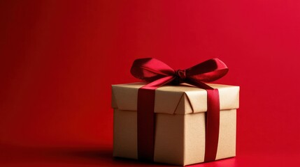 Fototapeta premium Beige gift box tied with a red ribbon, set against a bold red background, symbolizing the joy of giving on Valentinea??s Day