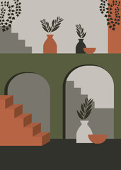 minimalist art for decoration and background. plants, vases, boho architecture. geometric shapes, neutral colors. flat design