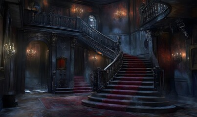 The grand staircase framed by dilapidated walls and faded opulence