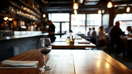 A beautifully designed restaurant offers a warm atmosphere with diners in the background. A table featuring a half-empty wine glass adds elegance to the setting