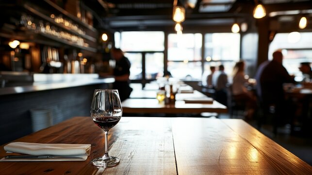 A beautifully designed restaurant offers a warm atmosphere with diners in the background. A table featuring a half-empty wine glass adds elegance to the setting