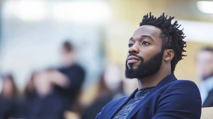 Fototapeta premium College student actively listening in a lecture hall, absorbing insights while peers and a professor discuss topics with clear enthusiasm and focus