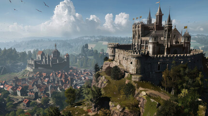 A grand castle perched on a steep hill, overlooking a bustling medieval town below