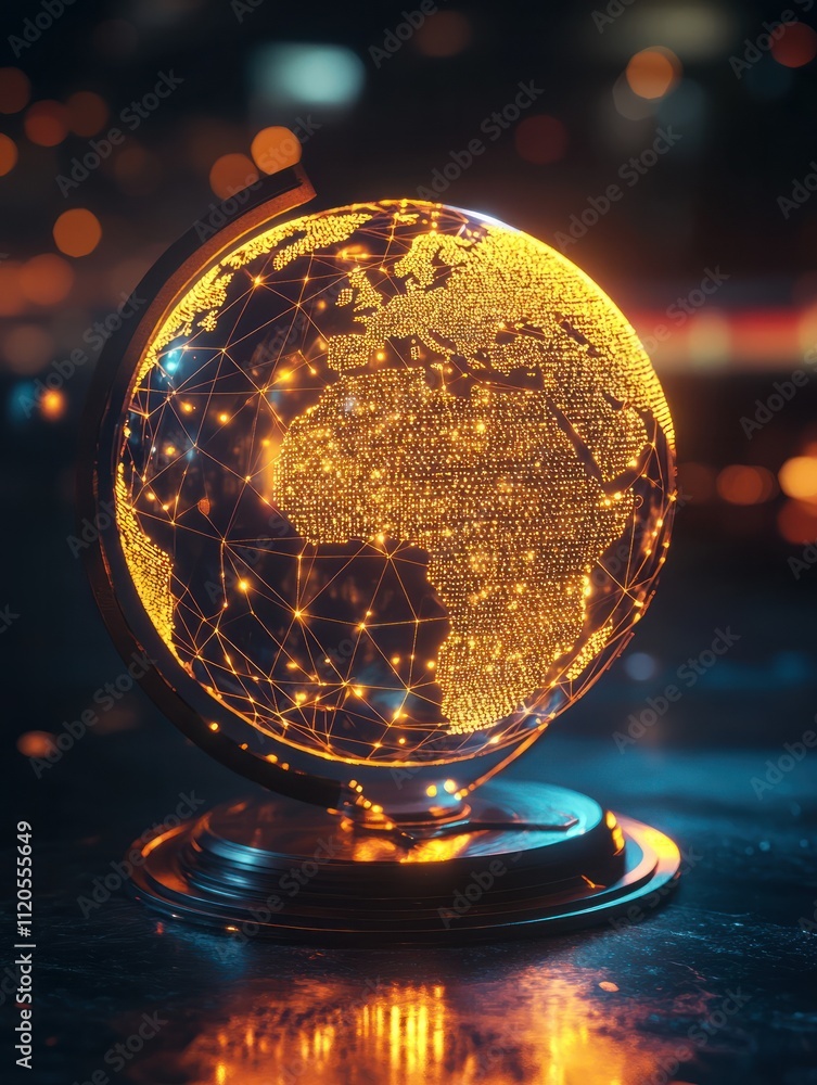 Poster glowing globe hologram with polygonal mesh on dark background. global network and internet concept. 