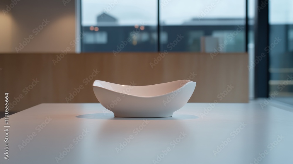 Aufkleber a modern sculpture with clean geometric lines is center stage on a glossy white floor, illuminated b