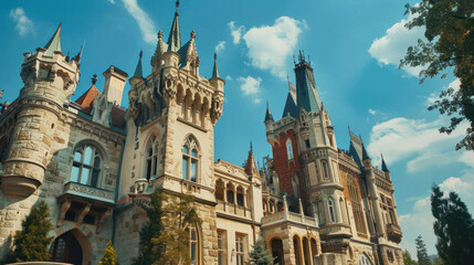 Fototapeta premium A grand European castle with turrets and spires, set against a bright blue sky