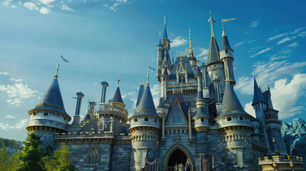 Obraz premium A grand European castle with turrets and spires, set against a bright blue sky