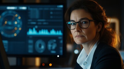 Focused businesswoman analyzing data on screen in modern office environment