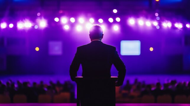 A man stands at a podium under bright purple lights, addressing an unseen audience while a digital presentation glows softly behind him on stage