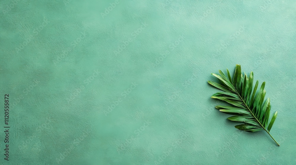 Poster a single tropical palm leaf is elegantly placed diagonally on a textured teal surface, emphasizing i