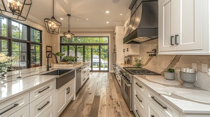 Fototapeta premium Modern farmhouse kitchen interior design with white cabinets, quartz countertops, farmhouse sink, hardwood floors, and large windows.