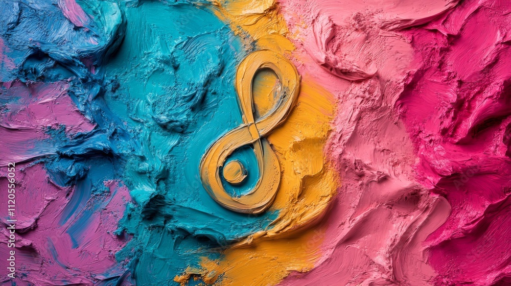 Aufkleber close-up of a treble clef symbol amidst bright swirls of paint on canvas showcases energy and moveme