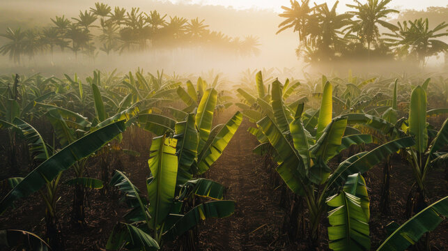 A group of banana trees in a plantation, early morning mist covering the background, a calming rural vibe