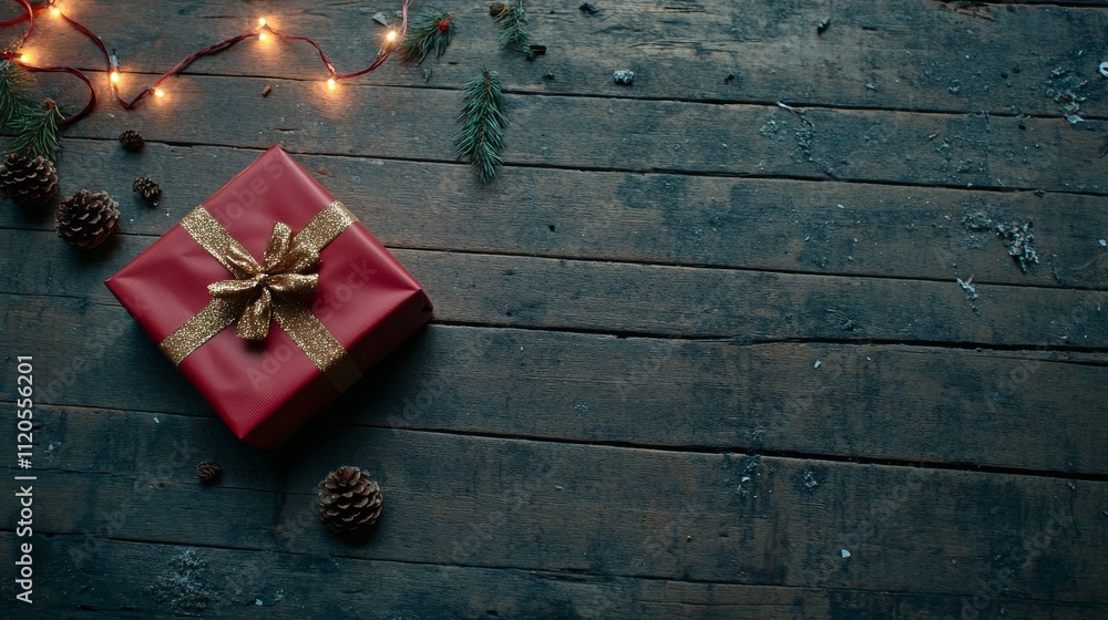 Poster a single wrapped christmas gift in red with a gold bow is displayed on rustic wood, surrounded by pi