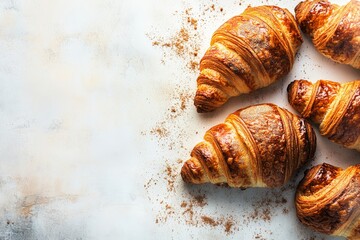 Delicious fresh croissants on rustic background with copy space