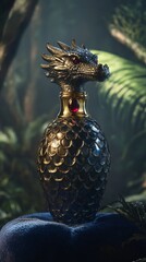 Intricate dragon themed perfume bottle in mystical forest setting