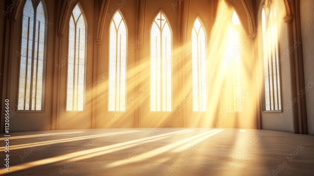 Leinwandbilder sunlight streams through tall arched windows in an empty gothic hall, highlighting intricate columns