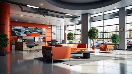 Modern car showroom interior with bright orange chairs, a sleek car on display,