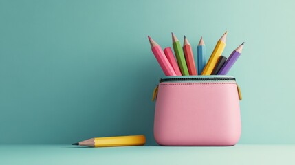 Colorful pencils in a pink pencil case on a teal background