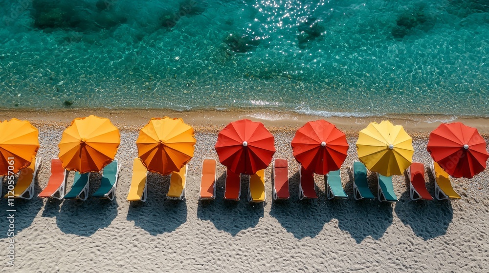 Poster deck chairs in vibrant colors line a sandy beach, each shaded by bright umbrellas as the sun shines 