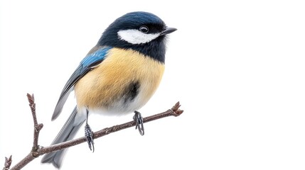 Obraz premium A colorful bird perched on a branch against a white background.