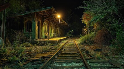 Naklejka premium Abandoned Train Station Overgrown With Vegetation At Night
