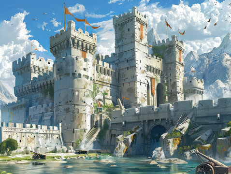 A heavily fortified castle with towering walls, cannons, and battlements ready for defense