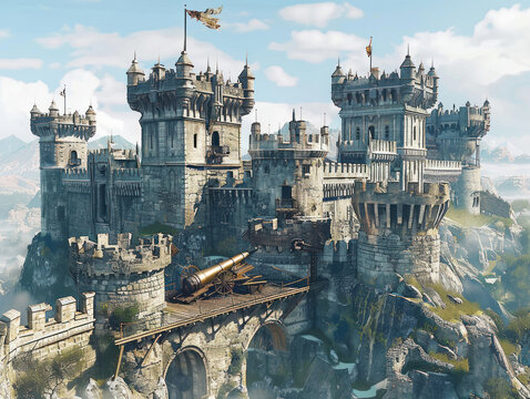 A heavily fortified castle with towering walls, cannons, and battlements ready for defense