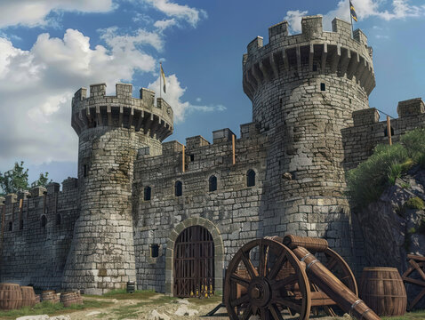 A heavily fortified castle with towering walls, cannons, and battlements ready for defense