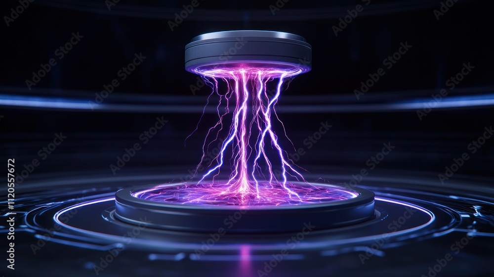 Poster a futuristic energy source emitting electric arcs in a circular base.
