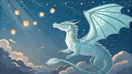 Obraz premium A crystal clear pale blue dragon glides gracefully from the fluffy cloud tops where it dances between rays of sunlight. Its scales are reflective sparkling with hues of silver and