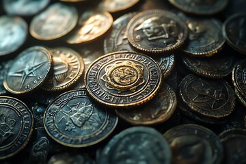 A Pile of Old Coins with Historical Symbols
