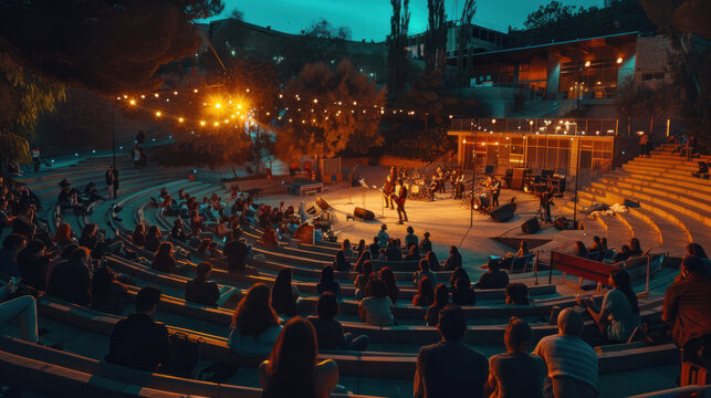 A live music performance in a university amphitheater at night, energetic and dynamic vibe