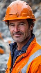 Portrait of a Construction Worker in Orange Safety Gear at Worksite