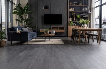 Modern living room with dark gray walls, navy sofa, wooden dining table, and large windows.