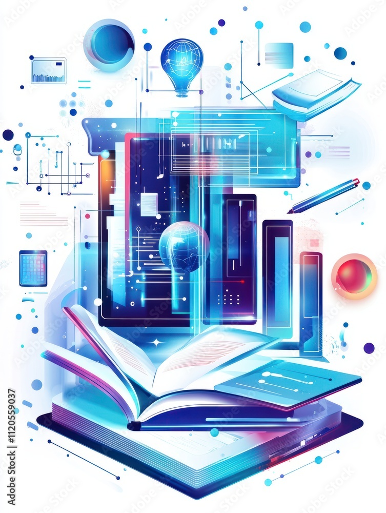 Poster interactive learning abstract concept vector illustration set. mobile learning, augmented reality bo