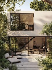 Fototapeta premium Inspiring terrace and urban garden outside modern scandi villa