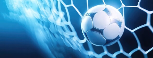 Dynamic soccer ball soaring into goal net with motion trails creates dramatic scoring moment against minimalist dark blue backdrop.
