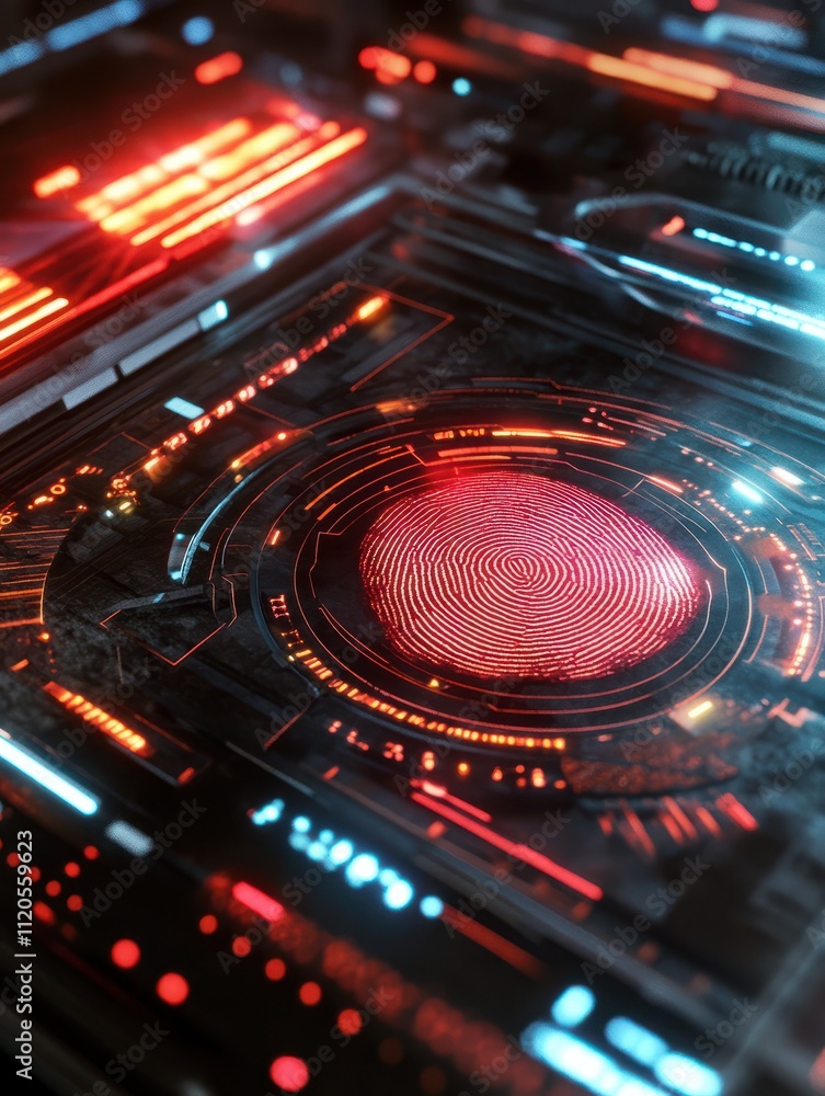 Poster macro biometrical scanner processing finger print identifying user access. futuristic high-tech prot