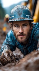 Obraz premium Determined Worker in Muddy Construction Site with Protective Gear