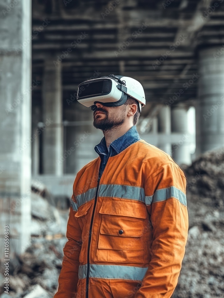 Poster man engineer using vr goggles on construction site.
