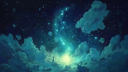 Obraz premium Starry night sky with glowing clouds and cosmic elements.