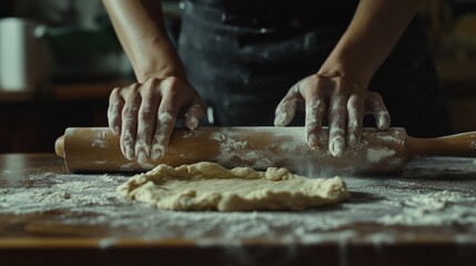 Fototapeta premium hands rolling out the dough with a wooden rolling pin, flour sprinkled on the surface, antique kitchen decoration generative ai