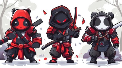 illustraction of techwear chibi panda ninjas robot mecha future JAPANESE VIBE detailed design for streetwaer and urban style t-shirts design